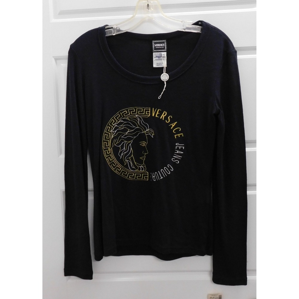 Versace Jeans Couture Black Embroidered Medusa Long Sleeve Top Italy sz M NWT